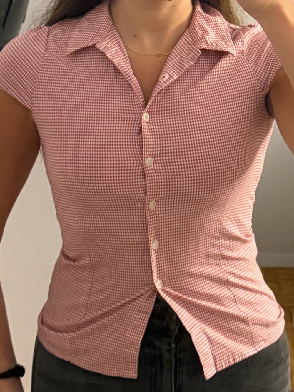Red Gingham Short-Sleeve Button-Up Top